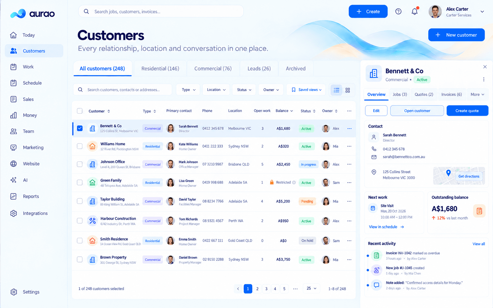 Aurao customer management screen